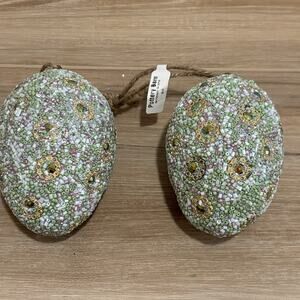Pottery Barn Large Easter Beaded Ornament Egg Set Of 2 Mint Green Pink Gold